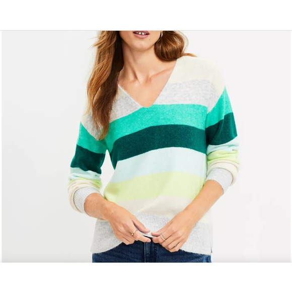 NWT LOFT Green, Grey & Ivory Striped Relaxed V-Neck Sweater - SIZE LARGE - Picture 6 of 6